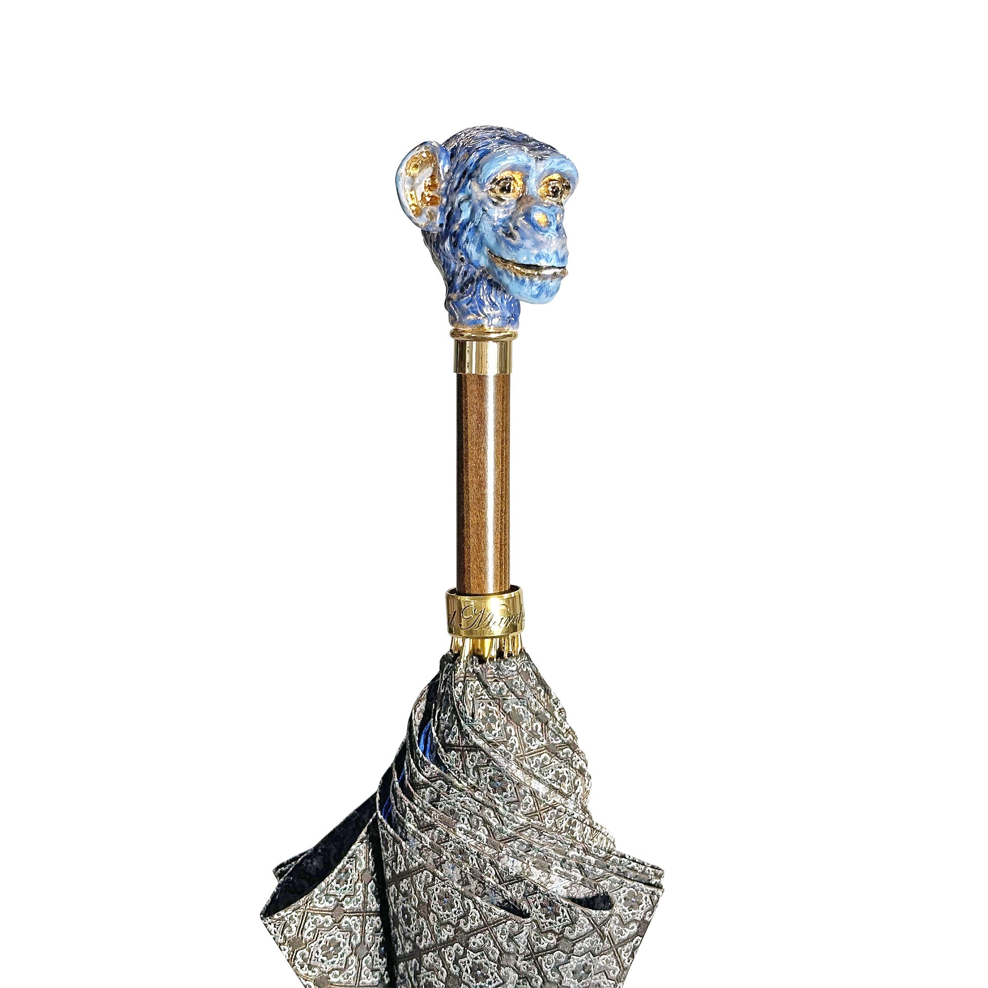 Italian handmade men's umbrella featuring a 24K gold-plated enameled monkey handle and classic design.