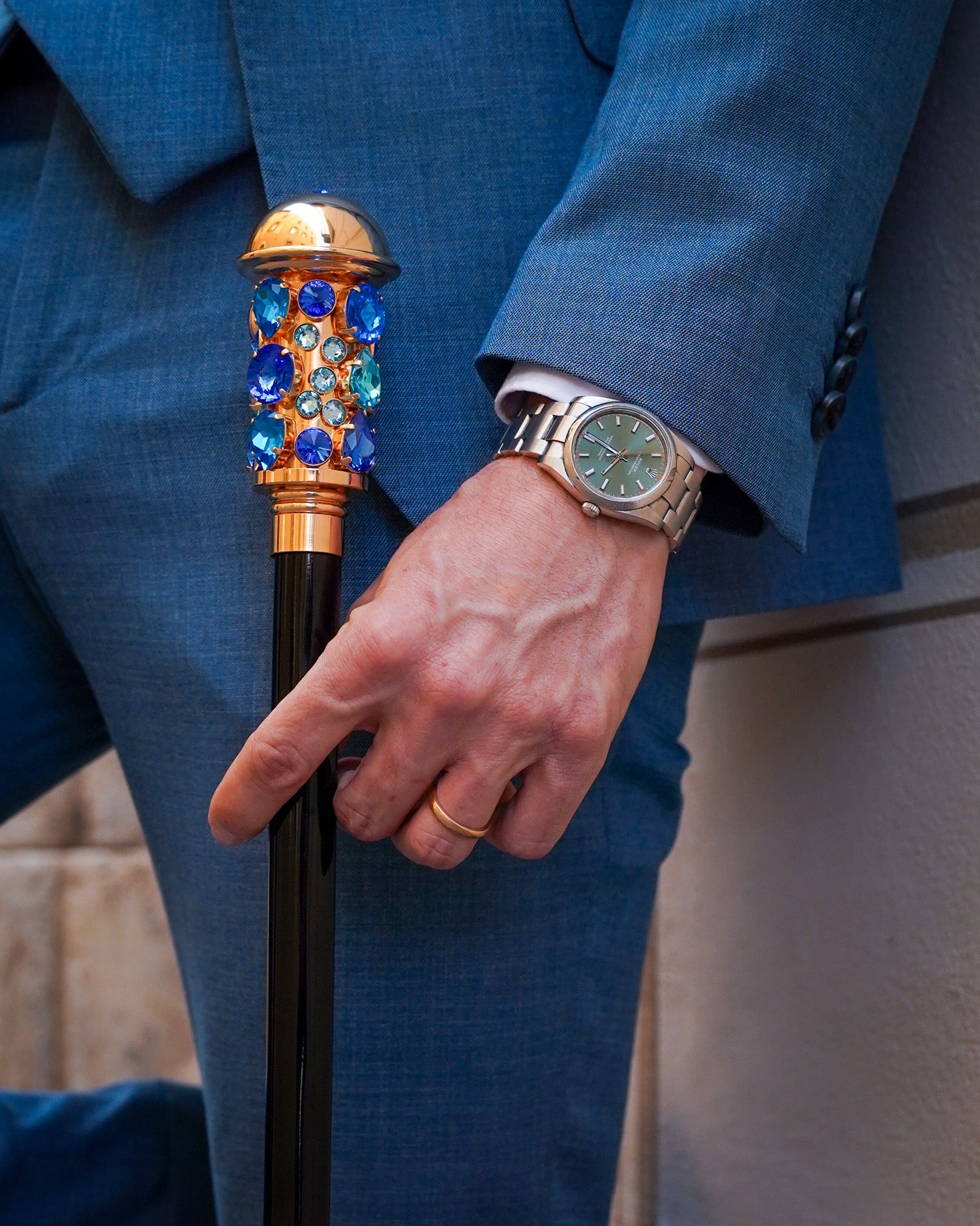 24K Gold Walking Cane – Luxury Sapphire & Aqua Crystal Handle With Black Beech Wood Shaft
