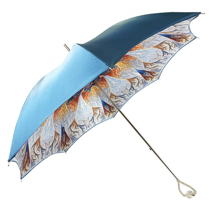 Light blue luxury rain umbrella by Ilmarchesato featuring abstract marine art design.