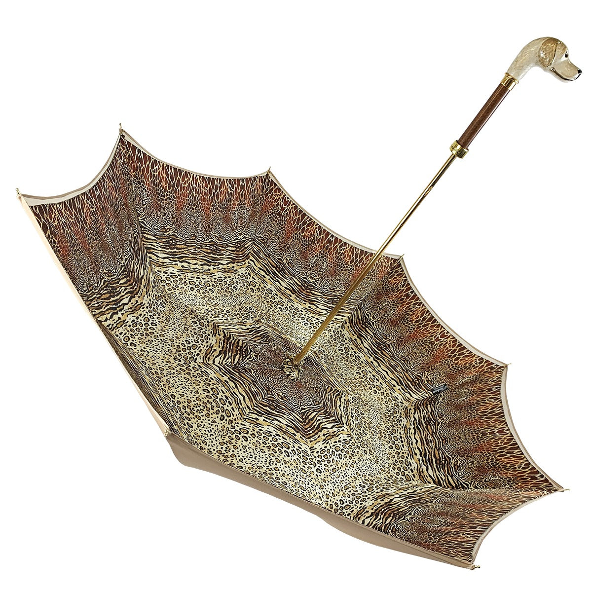 Animalier-inspired luxury rain umbrella with a hand-enamelled dog handle by Ilmarchesato, featuring a stylish animal print design.