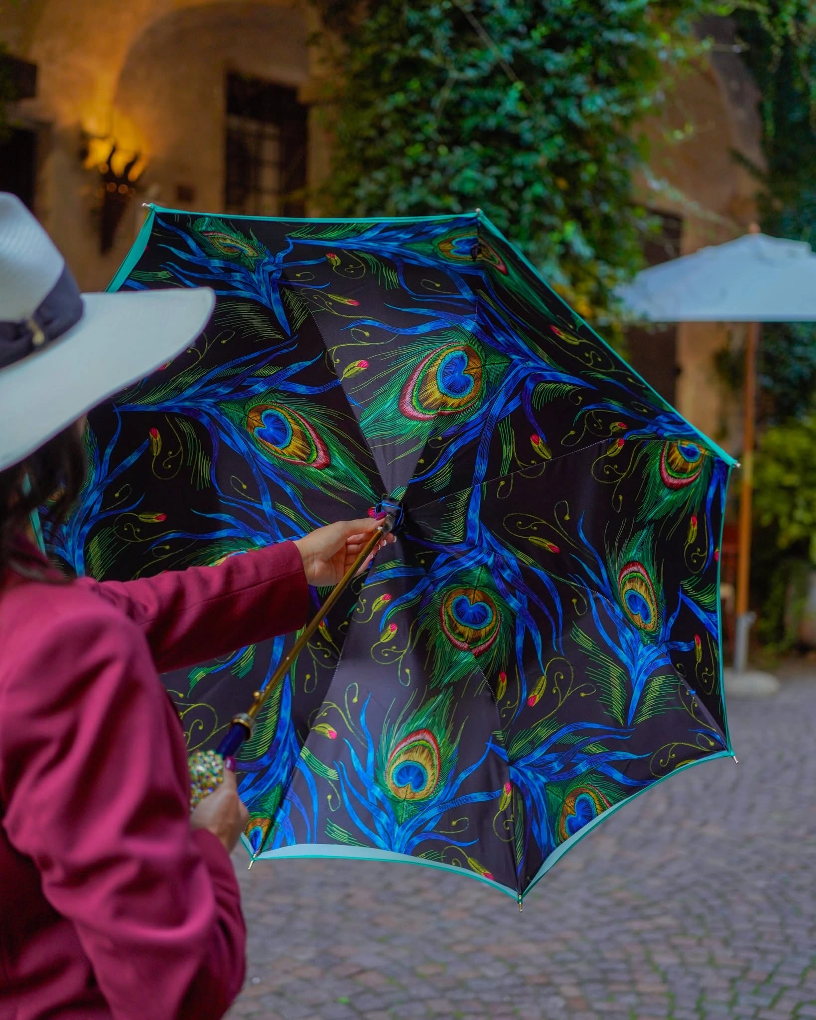 Peacock Inspired Umbrella – Luxury Rain Umbrella with Blue Ostrich Leather Handle