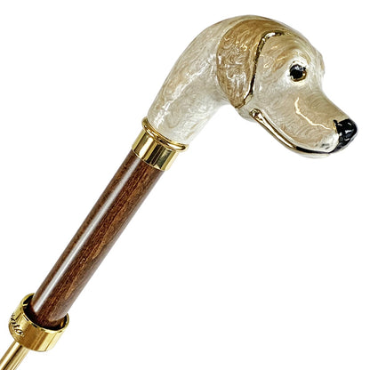 Animalier-inspired luxury rain umbrella by Ilmarchesato with a hand-enamelled dog handle, featuring a vibrant animal print design.