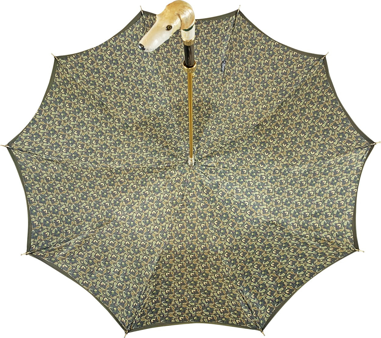 Men's umbrella by Ilmarchesato featuring a hand-painted greyhound handle with 24K gold plating against a fabric canopy.
