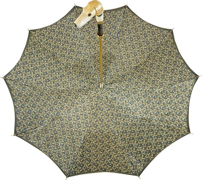 Men's umbrella by Ilmarchesato featuring a hand-painted greyhound handle with 24K gold plating against a fabric canopy.