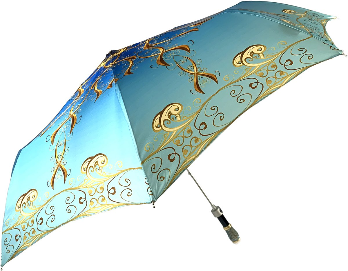 Women Folding Umbrella – Compact Travel Umbrella with Aquamarine Jeweled Handle