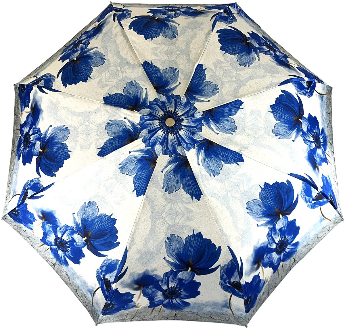 Folding Umbrella Blue Poppies Design | Italian Handmade, Silver Brass Handle & UV Protection