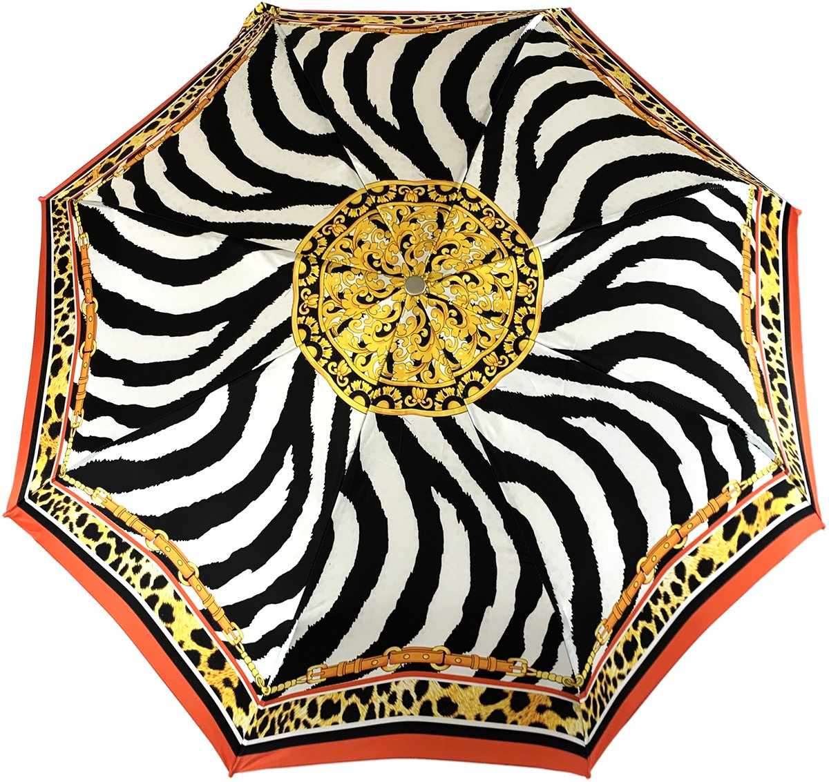 Jeweled Folding Umbrella – Silver-Plated Handle, Zebra Pattern, Automatic Open