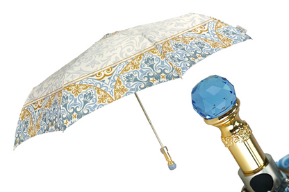 Ladies Folding Umbrella – Elegant Gold Plated Handle, Crystal Embellished, UV Protection