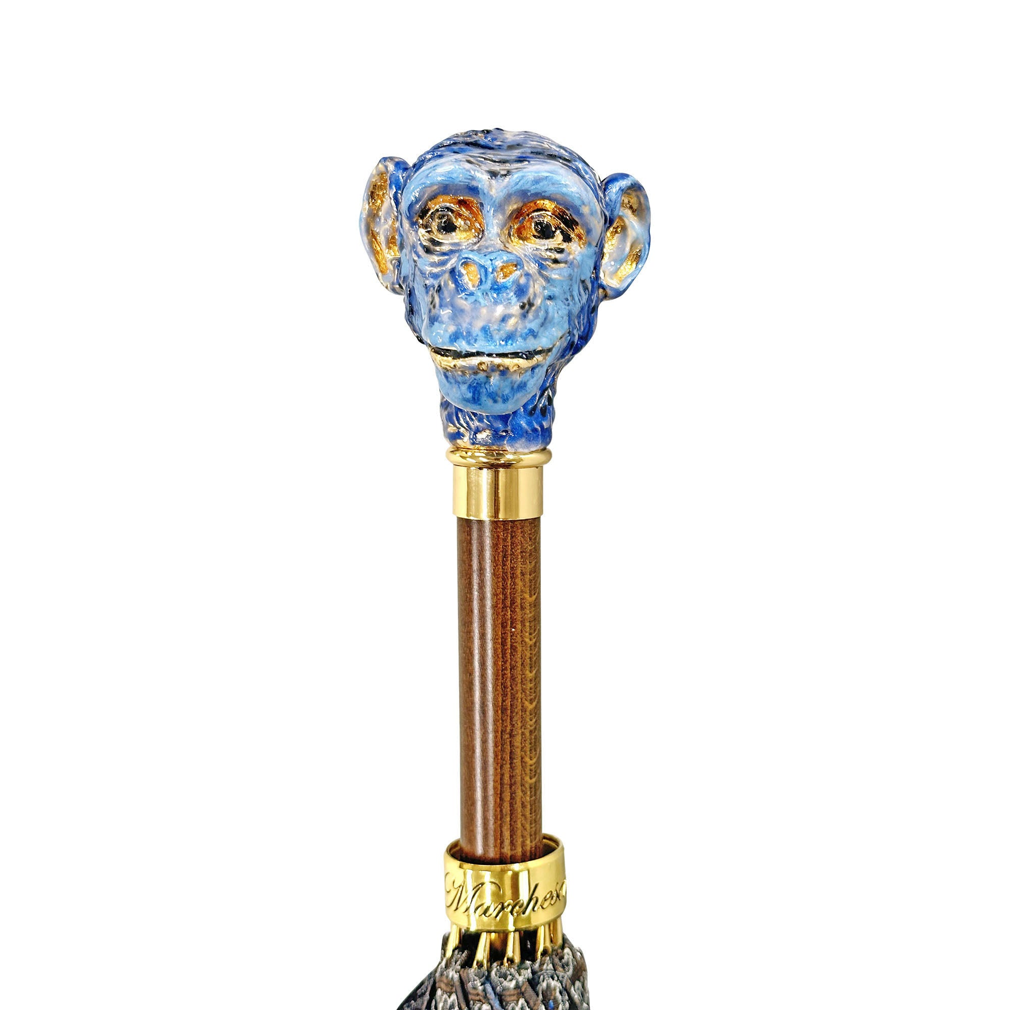 Italian handmade men's umbrella with 24K gold-plated enameled monkey handle, featuring a stylish and luxurious design.