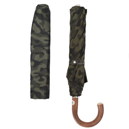 Folding Automatic Umbrella – Camouflage Travel Umbrella with Wooden Handle & Waterproof Canopy