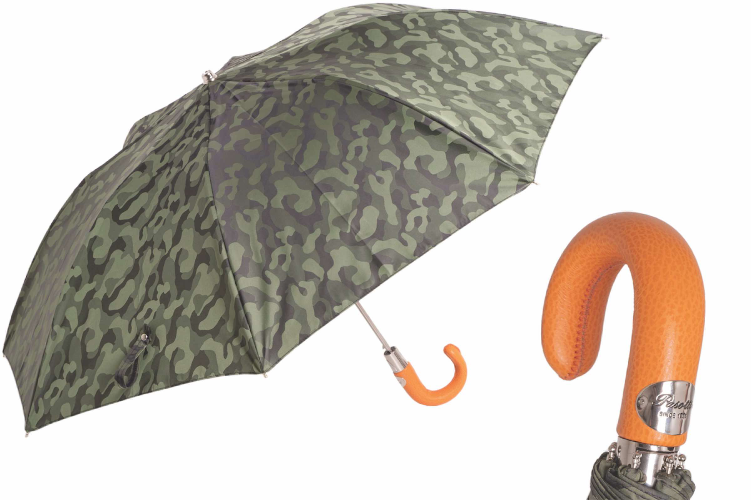 Folding Automatic Umbrella – Camouflage Design with Orange Leather Handle, Durable Polyester Canopy