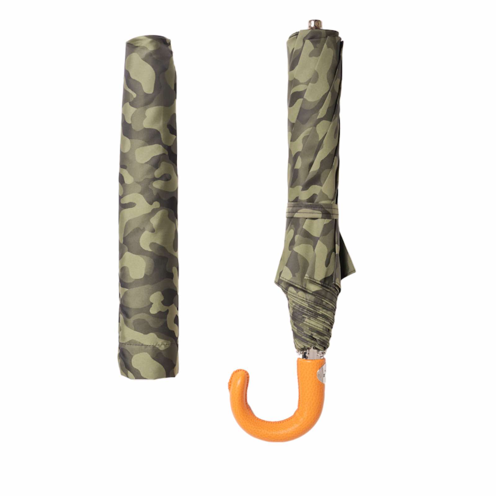 Folding Automatic Umbrella – Camouflage Design with Orange Leather Handle, Durable Polyester Canopy