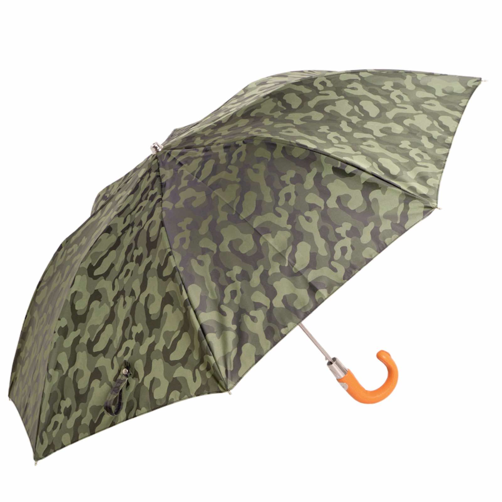Folding Automatic Umbrella – Camouflage Design with Orange Leather Handle, Durable Polyester Canopy