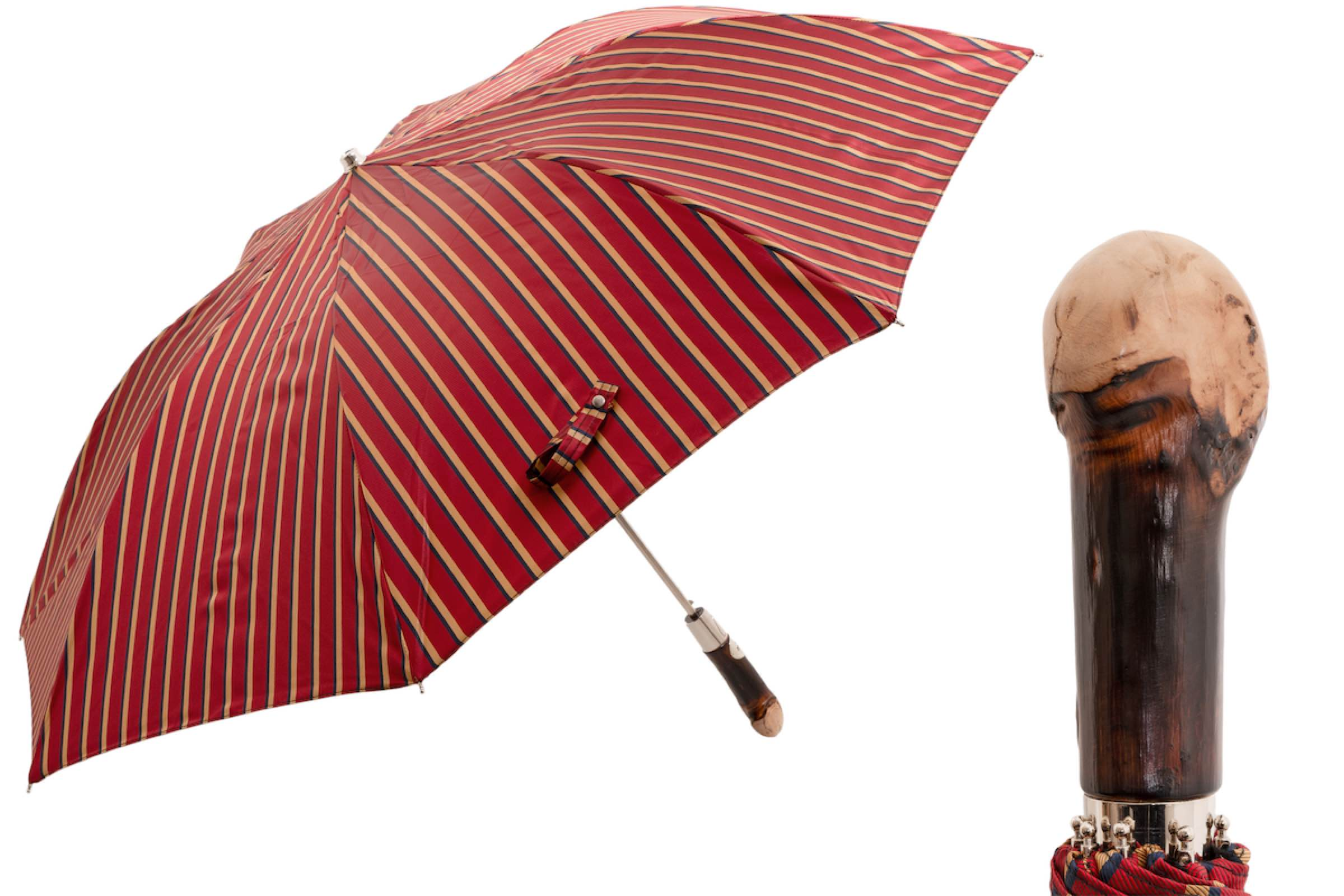Folding Automatic Umbrella – Striped Compact Travel Umbrella with Wooden Handle