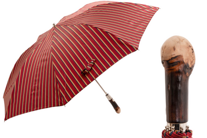 Folding Automatic Umbrella – Striped Compact Travel Umbrella with Wooden Handle