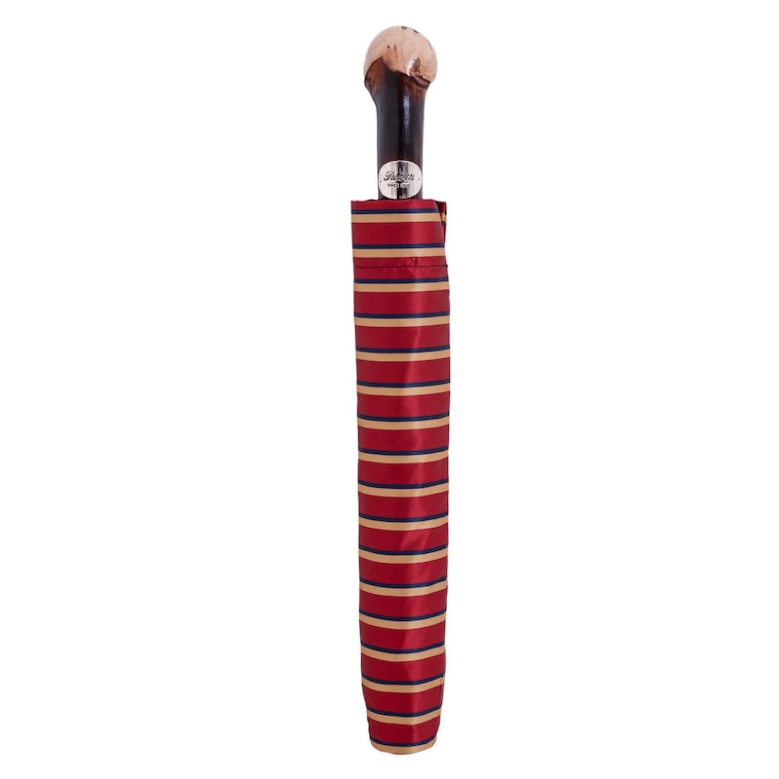 Folding Automatic Umbrella – Striped Compact Travel Umbrella with Wooden Handle