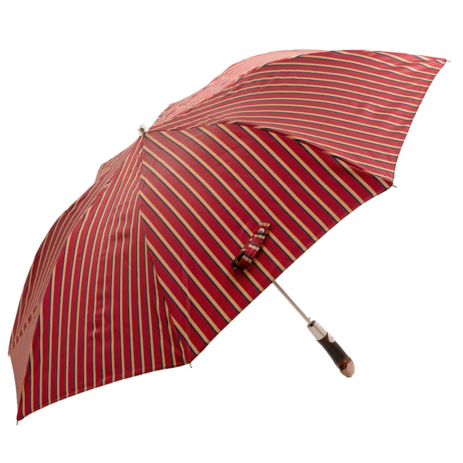 Folding Automatic Umbrella – Striped Compact Travel Umbrella with Wooden Handle