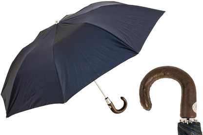 Folding Automatic Umbrella – Brown Navy with Ostrich Leather Handle, Italian Handmade