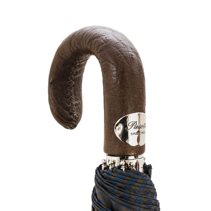 Folding Automatic Umbrella – Brown Navy with Ostrich Leather Handle, Italian Handmade