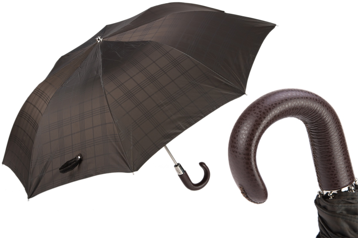 Brown Check Umbrella – Automatic Leather Handle Folding Rain Umbrella