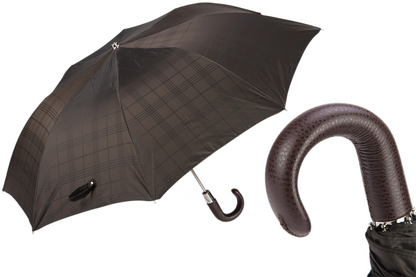 Brown Check Umbrella – Automatic Leather Handle Folding Rain Umbrella