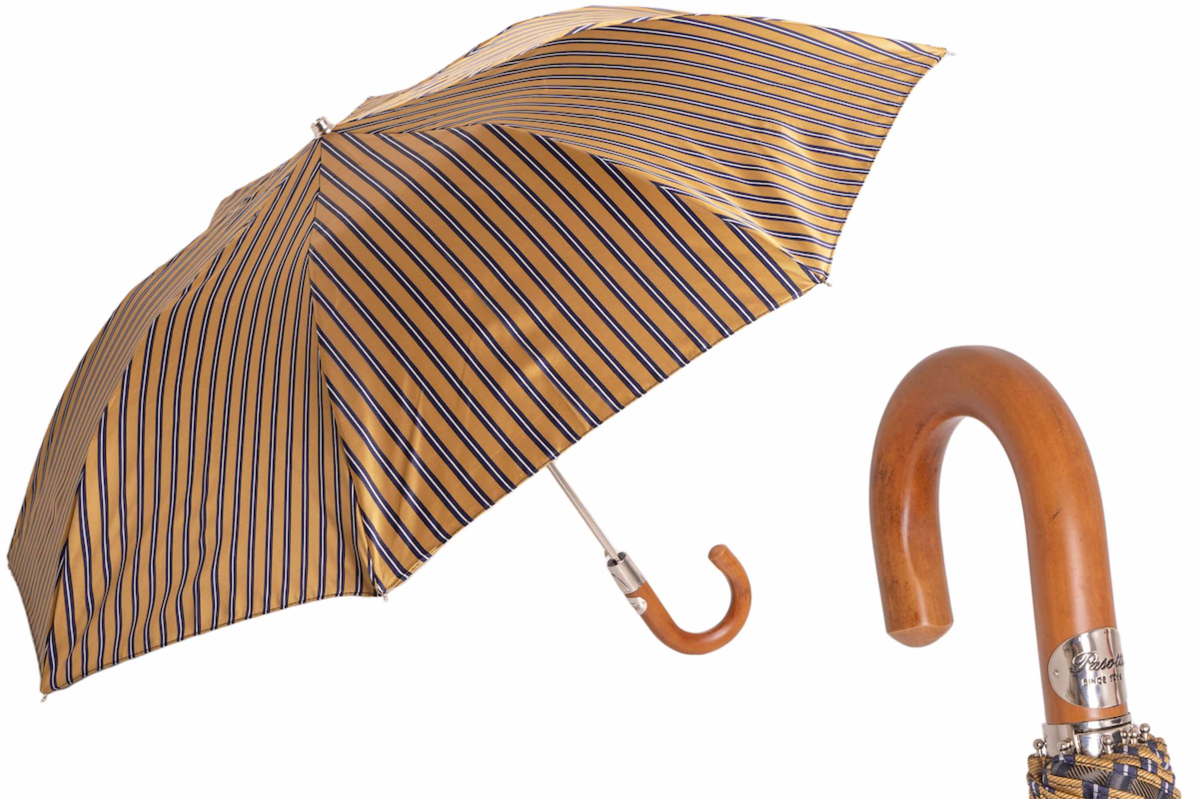 Folding Automatic Umbrella – Striped Ocher Compact Rain Umbrella with Malacca Wood Handle