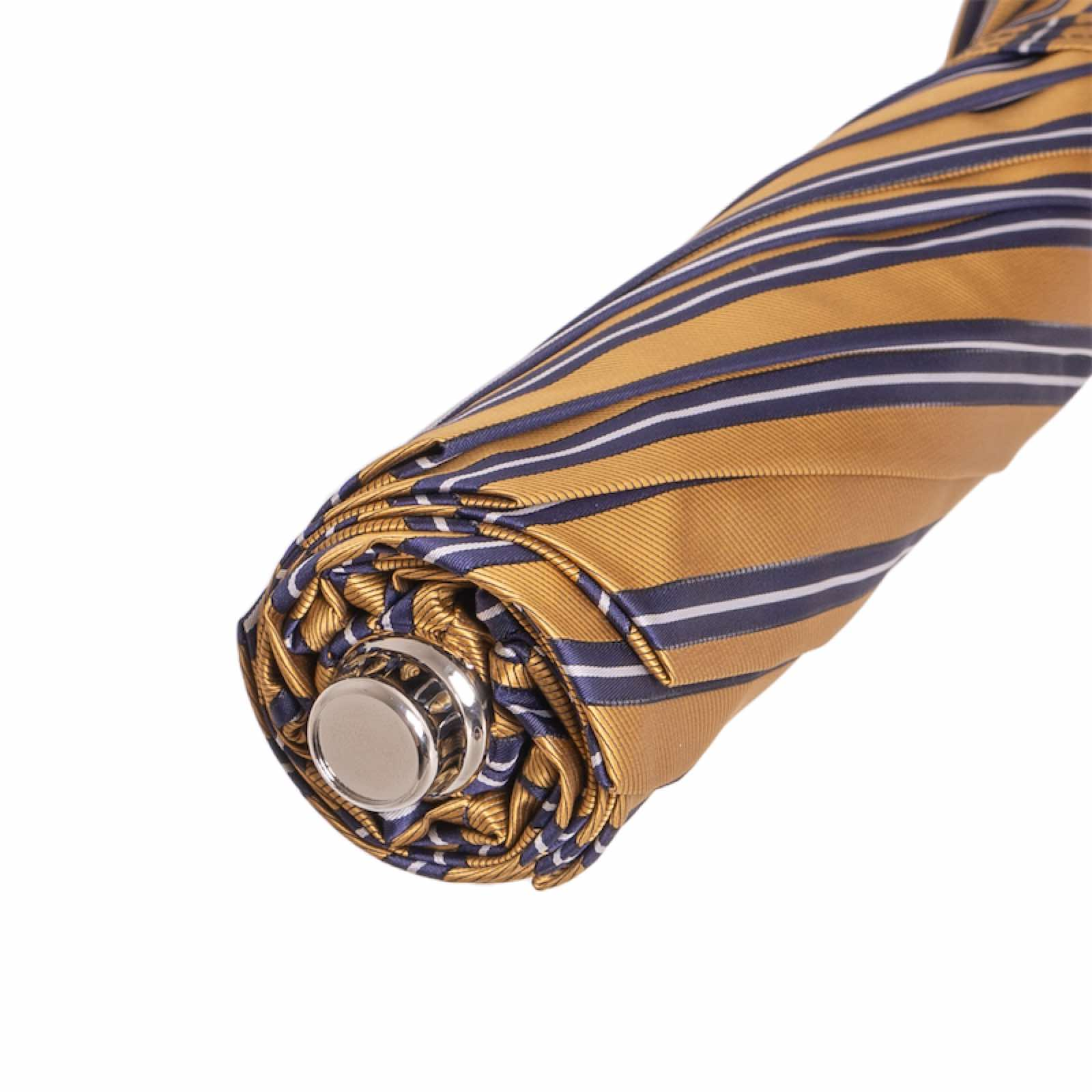 Folding Automatic Umbrella – Striped Ocher Compact Rain Umbrella with Malacca Wood Handle