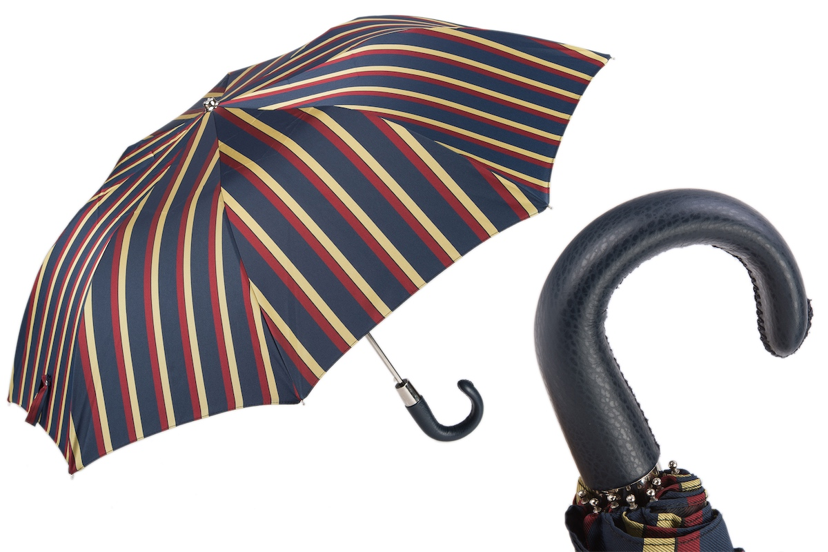 Folding Umbrella – Striped Automatic Rain Umbrella with Leather Handle | Italian Handmade