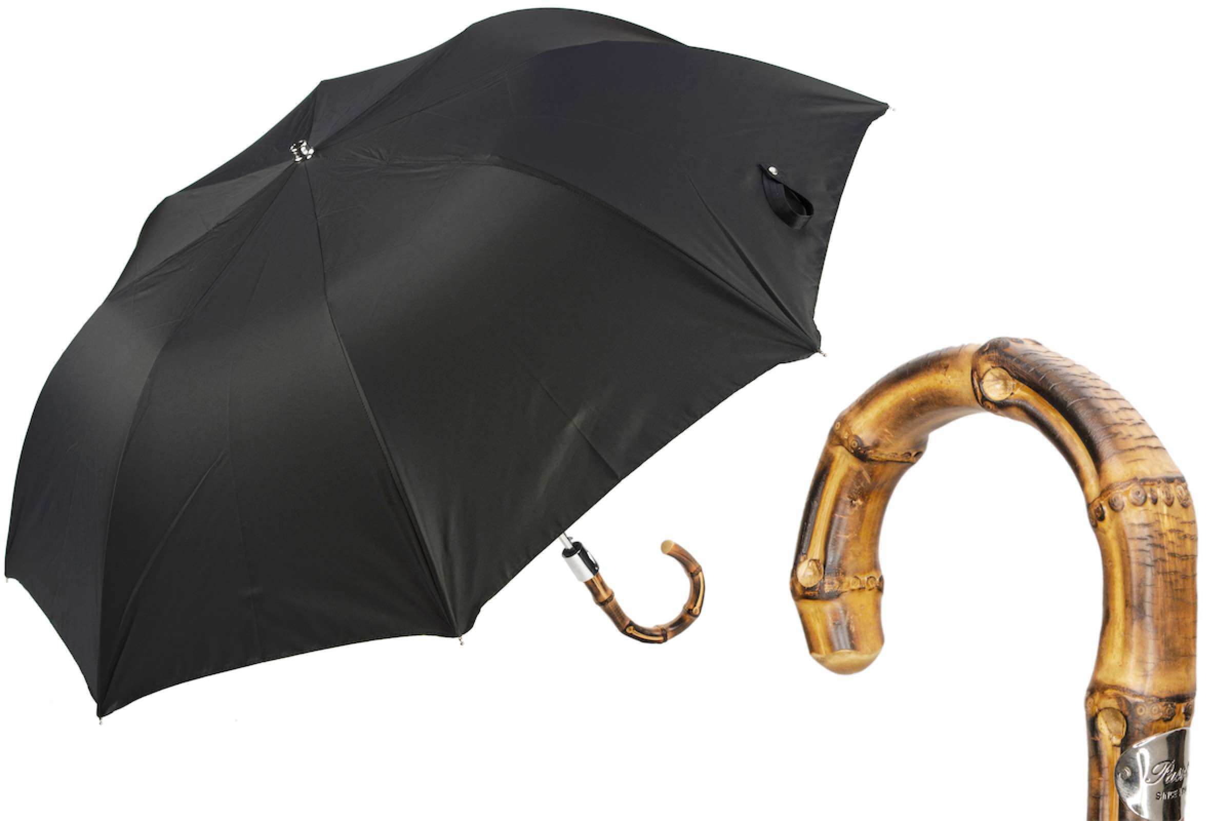 Folding Black Umbrella – Automatic Open | Whangee Handle | Compact Travel Rain Shield