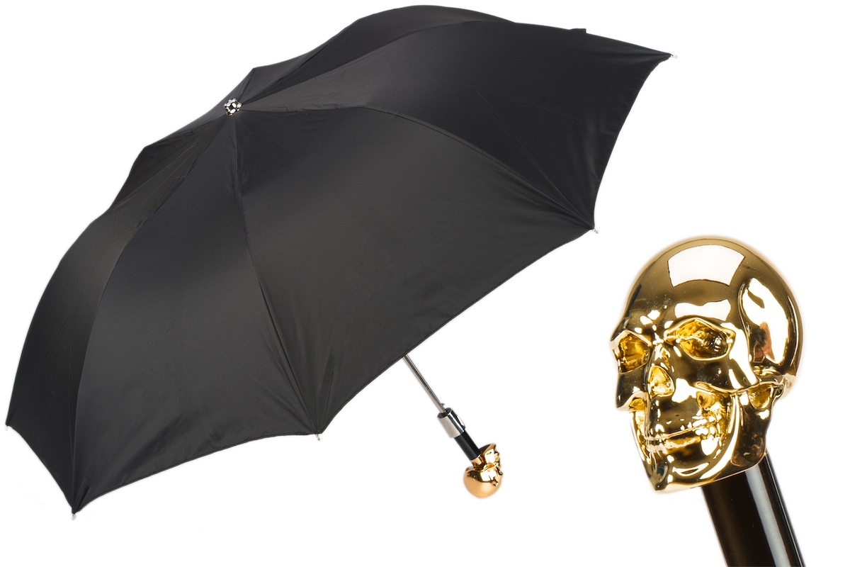 Gold Skull Umbrella – Folding Automatic Handmade Umbrella Italy With Gilt Resin Handle