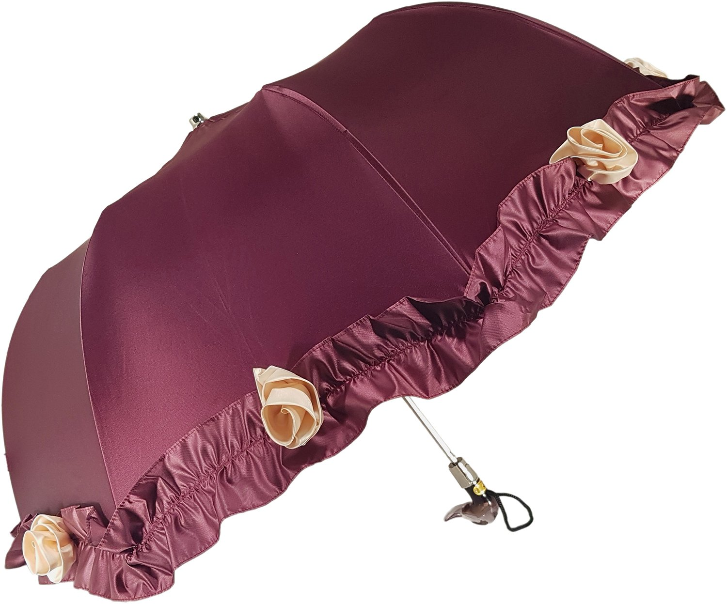 Frilly Folding Umbrella – Burgundy Rose Detail | Automatic Open, Gold Handle