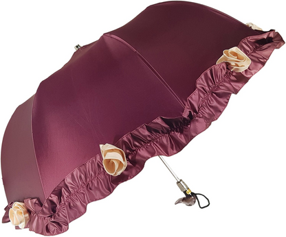 Frilly Folding Umbrella – Burgundy Rose Detail | Automatic Open, Gold Handle