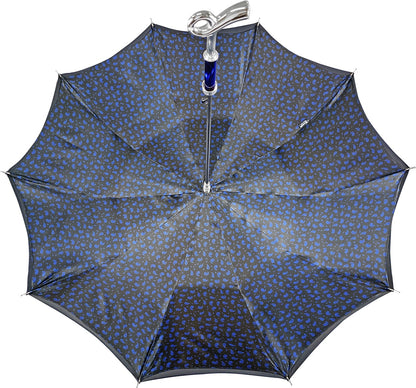 Elegant Ilmarchesato blue double-canopy umbrella with a silver-plated handle, showcasing its stylish design.