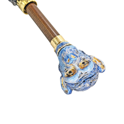 Italian handmade men's umbrella with a gold-plated enameled monkey handle and fabric canopy, stylish and luxurious accessory.
