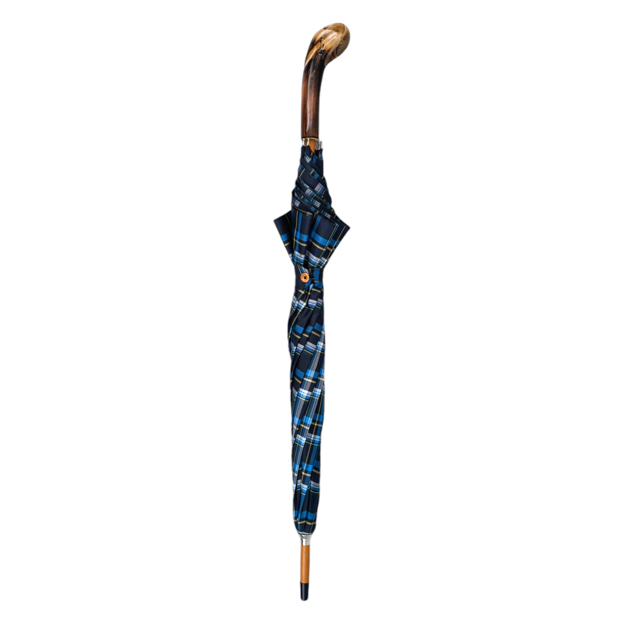 Stylish handcrafted Italian umbrella with natural chestnut root handle, designed for men by Ilmarchesato.