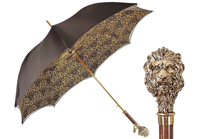 Elegant men's umbrella from Ilmarchesato's Lion Collection with a 24K gold-plated handle and detailed lion design.