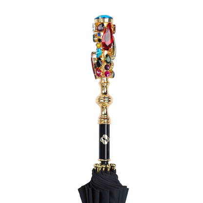 Handmade Italian Umbrella – Limited Edition Black Jaquard Rain Umbrella with Crystal Handle