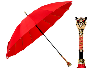 Luxury Umbrella – Limited Edition Red Jacquard Canopy with 24K Gold Panther Handle