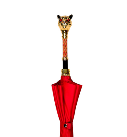 Luxury Umbrella – Limited Edition Red Jacquard Canopy with 24K Gold Panther Handle