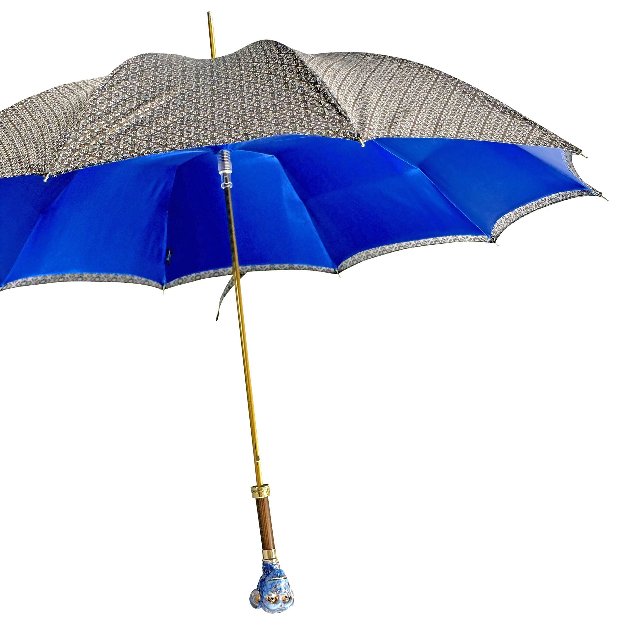 Italian handmade men's umbrella with a 24K gold-plated enameled monkey handle, featuring a stylish and durable design.