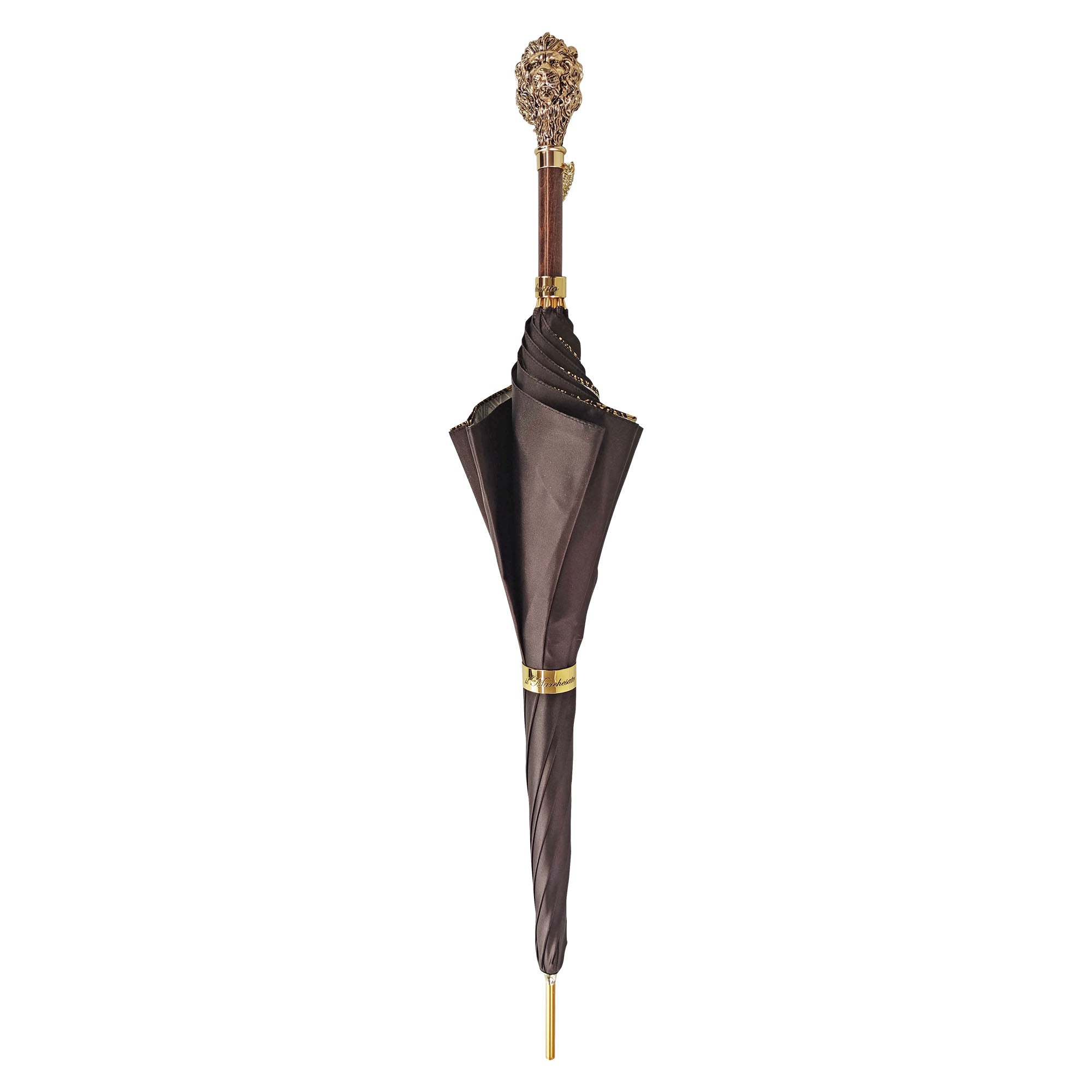 Elegant men's umbrella from Ilmarchesato's Lion Collection with a 24K gold-plated handle, featuring a sophisticated design and durable canopy.