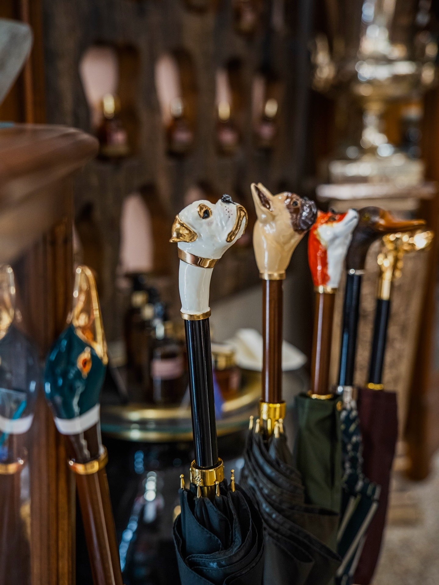 Handmade Italian French Bulldog umbrella for men with enameled brass handle, stylish luxury rain umbrella by Pasotti.