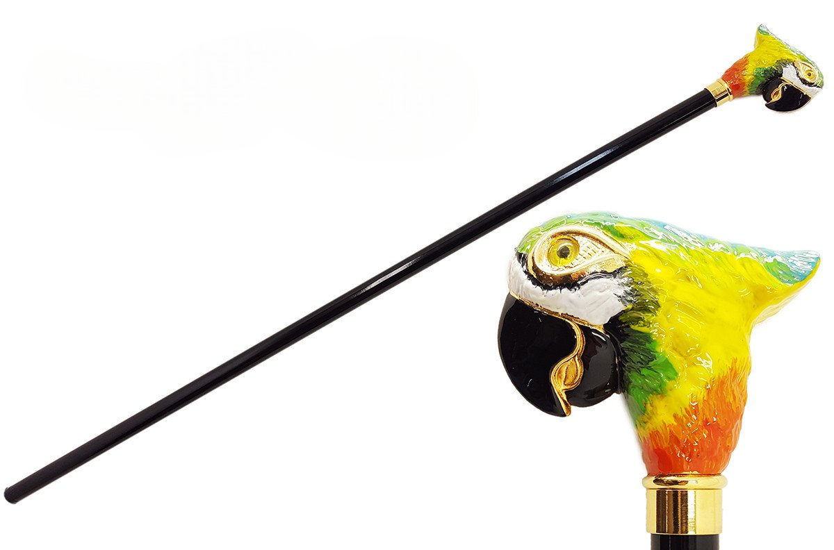 Designer Walking Stick – Hand Painted Parrot Handle Cane with Gold Accents