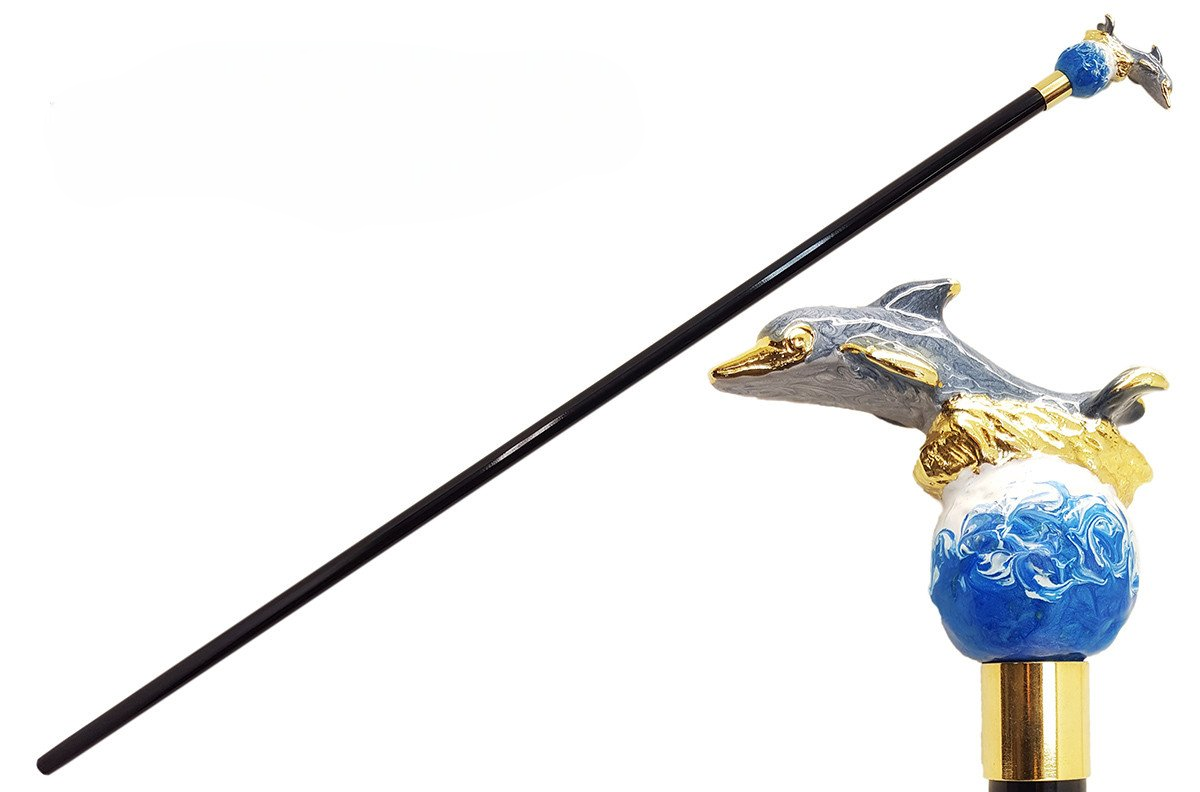 Enamelled Walking Cane – Hand-Painted Enamel Dolphin Handle with 24K Gold Plating