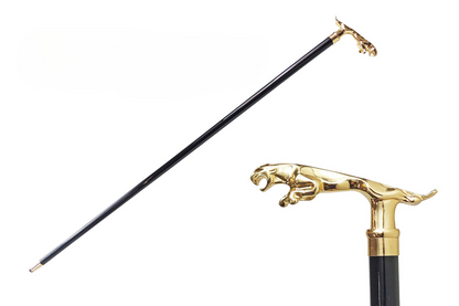Goldplated Jaguar Walking Stick – Handmade Italian Artisan Cane With Black Beechwood Shaft