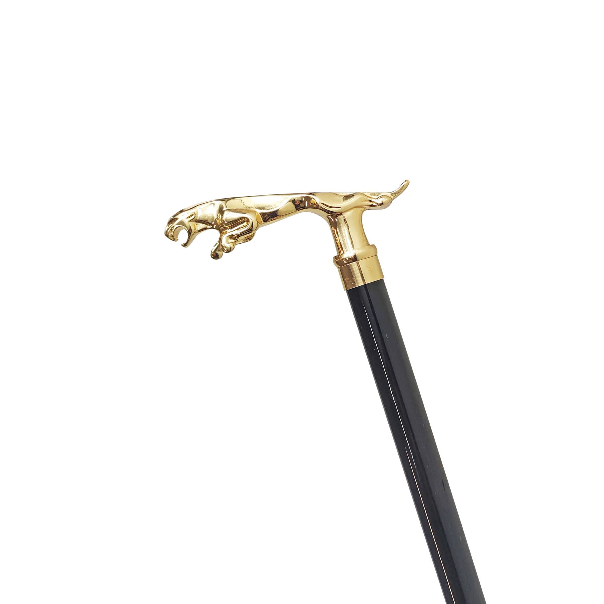 Goldplated Jaguar Walking Stick – Handmade Italian Artisan Cane With Black Beechwood Shaft