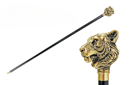 Gold Plated Walking Stick – Handcrafted Italian Tiger Design Cane with Black Beech Wood