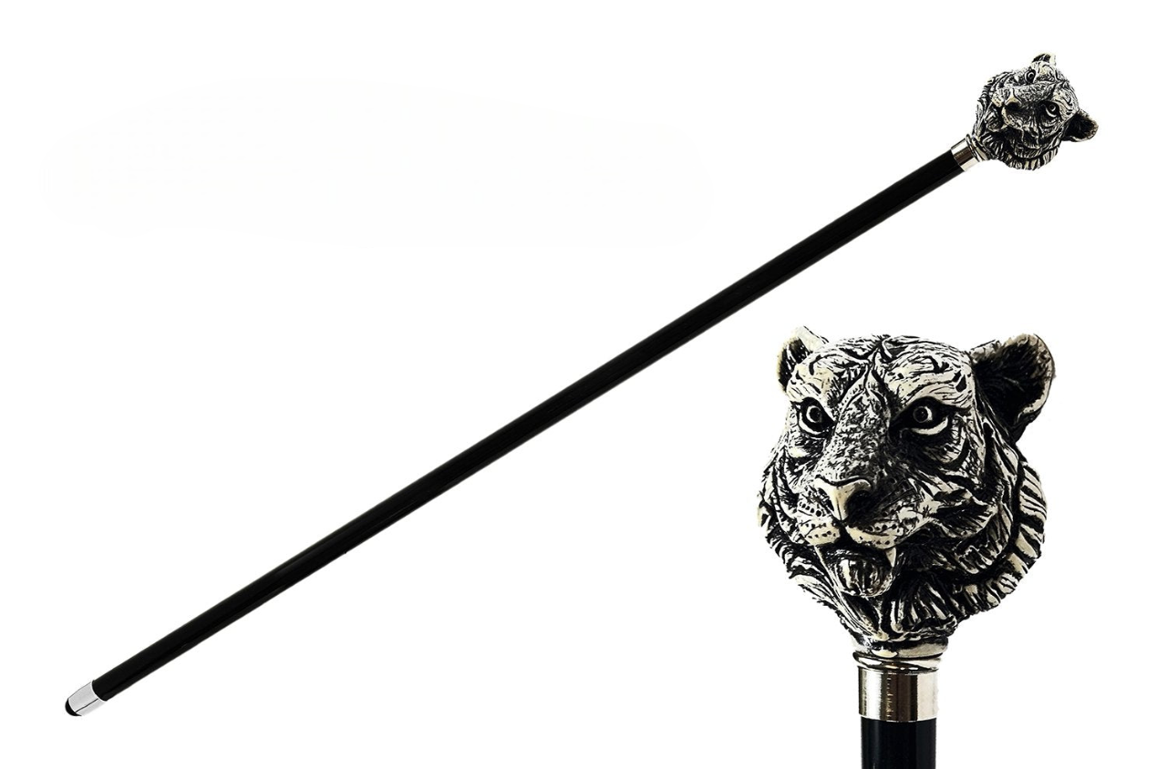 Hand-Painted Walking Cane – Italian Black Lacquered Cane With Tiger Design Handle
