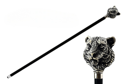 Hand-Painted Walking Cane – Italian Black Lacquered Cane With Tiger Design Handle