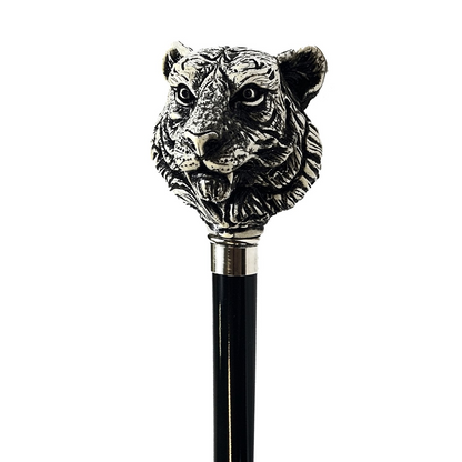 Hand-Painted Walking Cane – Italian Black Lacquered Cane With Tiger Design Handle